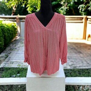 Ava Christine Women's Red Striped V-Neck Blouse‎ 3/4 Sleeve Boho Chic Size M